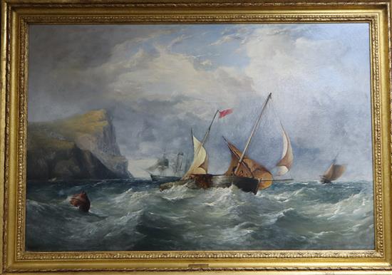 James Webb (1825-1895), oil on canvas, Shipping along the coast, signed, 60 x 90cm